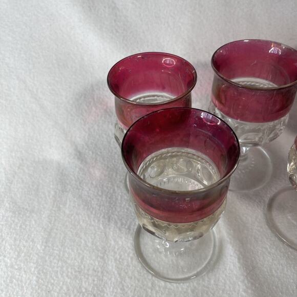 Set Of 6 Vintage Small Cordial Red Flashed Thumbprint Glasses - Picture 2 of 5